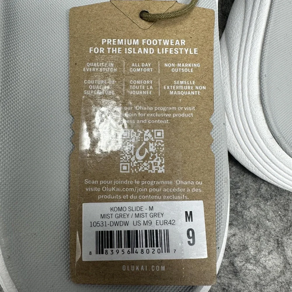 OluKai Komo Slide Sandals Mens Size 9 Gray Mist Grey Comfort 10531-DWDW